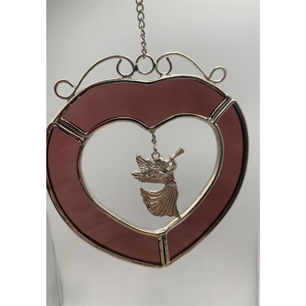 Vintage Viva Heart Cranberry/ Red Stained Glass and Pewter Suncatcher With Angel